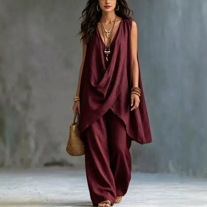 Summer Linen Cotton Sleeveless Stand Collar Set Women Casual Loose Fit