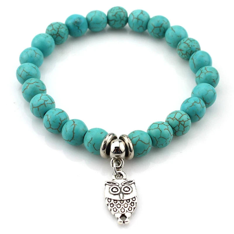 FTCY Women Bohemian Beaded Bracelet Fashion Turquoise Natural Stone Anti-Stress Yoga Geometric Pendant Elastic Cord Hand Chains
