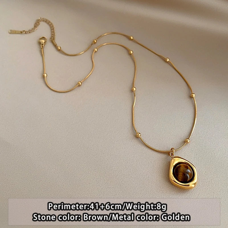 Retro Temperament Layered Tiger Eye Stone Pendant Necklace For Women Stainless Steel Double-Layer Collarbone Chain Sets Jewelry