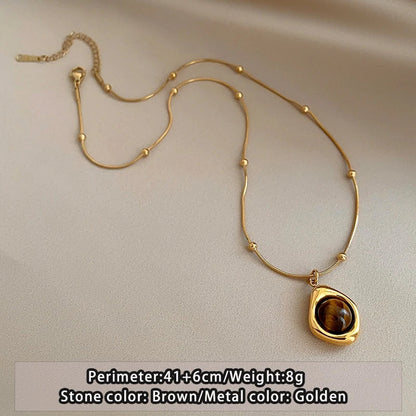 Retro Temperament Layered Tiger Eye Stone Pendant Necklace For Women Stainless Steel Double-Layer Collarbone Chain Sets Jewelry