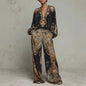 Vintage Printed Two-piece Set Women's Fashion V-neck Loose Long Sleeved Top+Wide Leg Pants Suit Streetwear Muslim Women Clothing