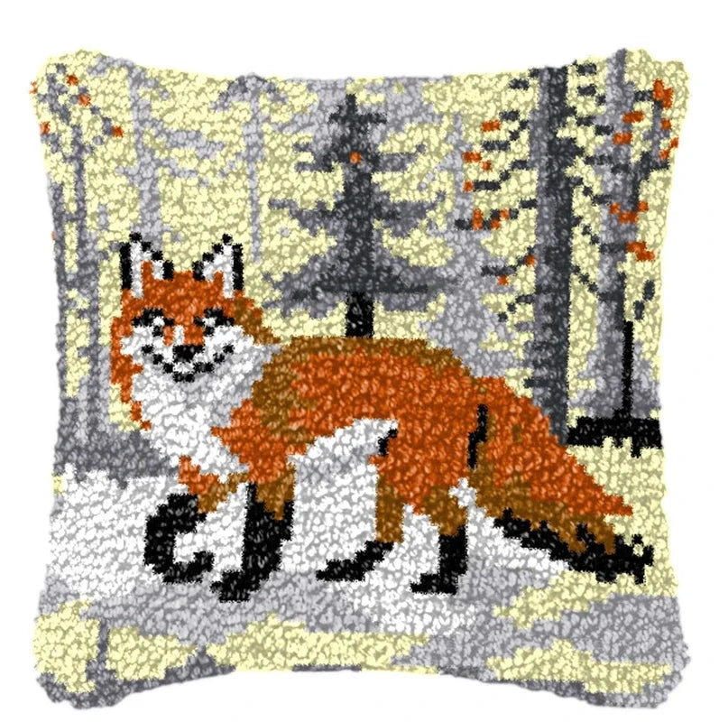 Cunning Fox Smyrna Buttons Package Latch Hook Pillow Kit Bunny Embroidery Design Plush Animal Canvas Craft for Home Decor Gifts