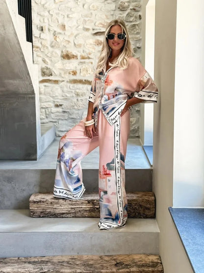 Autumn New Half-Sleeved Printed Shirt Trousers for Women 2-Piece Set