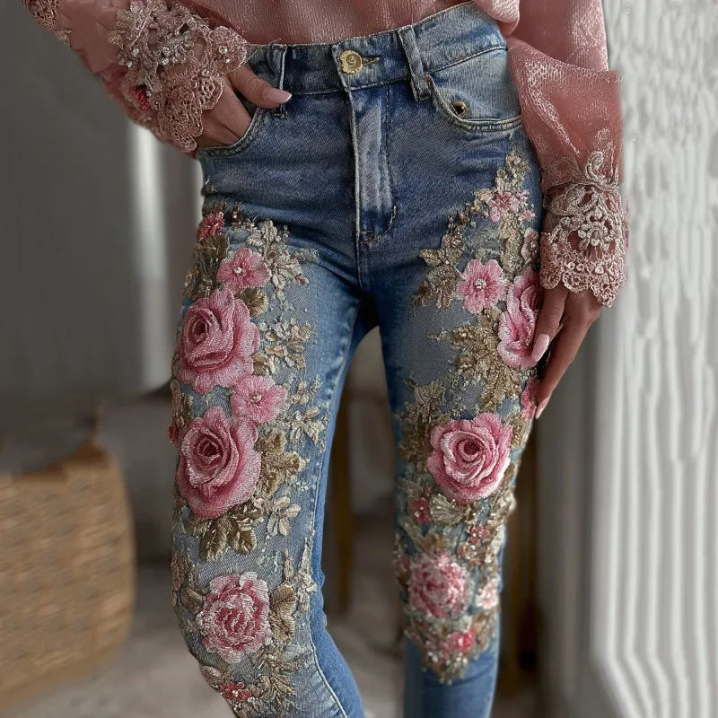 3D Floral Women's Straight Leg Jeans Fashionable and Casual Stretch