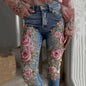 3D Floral Women's Straight Leg Jeans Fashionable and Casual Stretch
