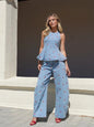 Denim Printed Sleeveless Pants  2-piece Set Women's Elegant Round Neck Fashion Short Shirt Long Pants Suit 2026 Street Outfit