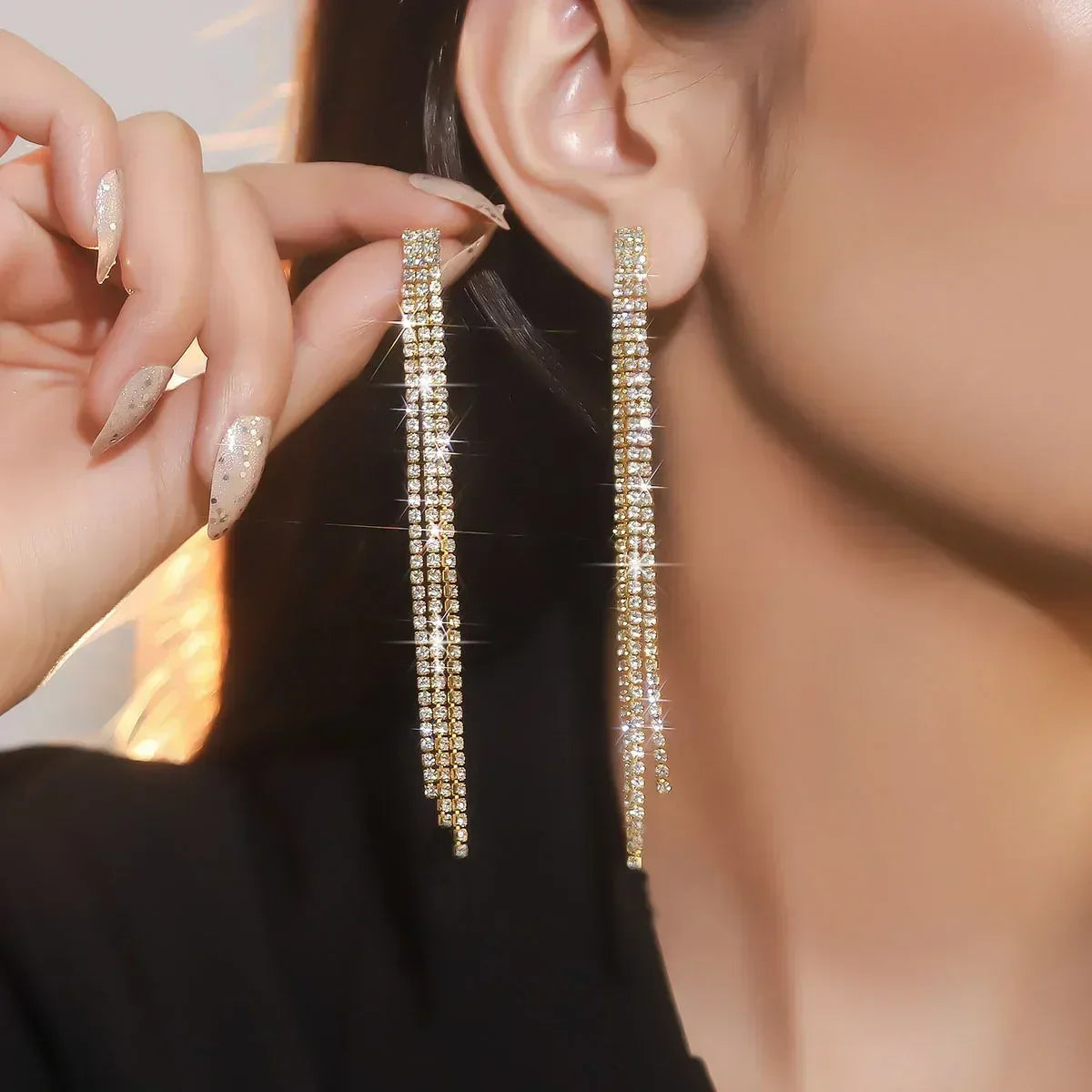 TREAZY Shiny 4 Lines  Rhinestone Crystal Tassel Long Earrings for Women Wedding Party Hanging Dangle Earrings Bridal Brincos