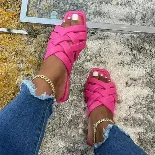 Summer Casual Outdoor Leather Flat Women Slippers Blue/Pink/Beige