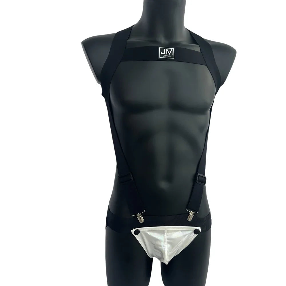 Sets Men Bodysuit Suspender Jumpsuits Nylon Jock Strap Harness Gay Underwear Jockstrap Laser Faux Leather Removable Penis Pouch