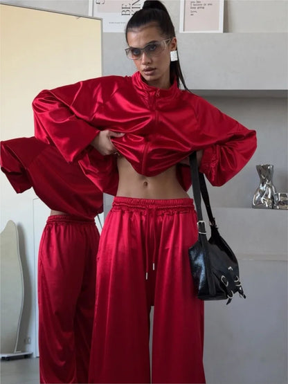 2026spring Autumn New Satin Women's Sports Suit Fashion Zipper Long
