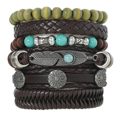 Bohemia Turquoise Ethnic Men’s Leather Bracelets Vintage Multi Layer Flower Leaves Wooden Beads Braided Leather Bracelets
