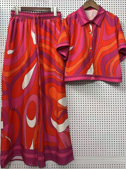 Summer New Fashion Women's Print Suit Lapel Short Sleeve Short Waist
