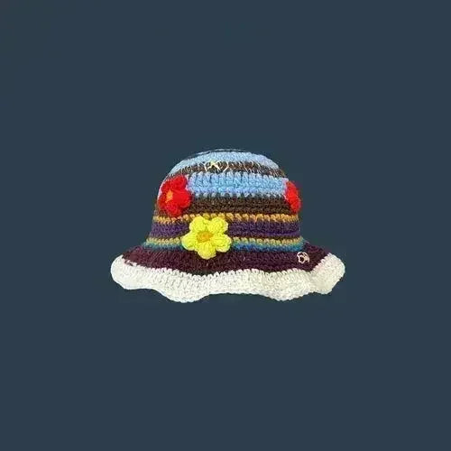 Handmade Knitted Bucket Hat - Cotton Boho Print - All-Season Stretchy Fit