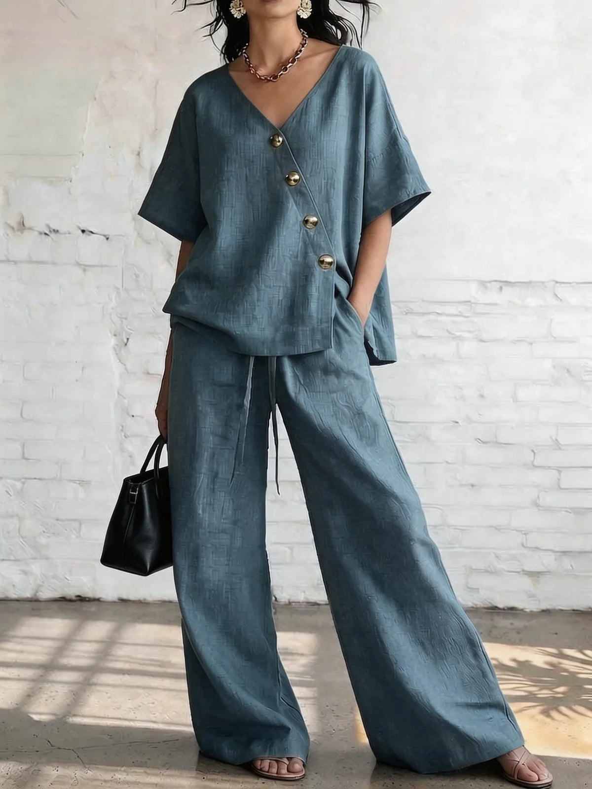 Casual Cotton Loose Pants Sets Women Summer Fashion Short Sleeve