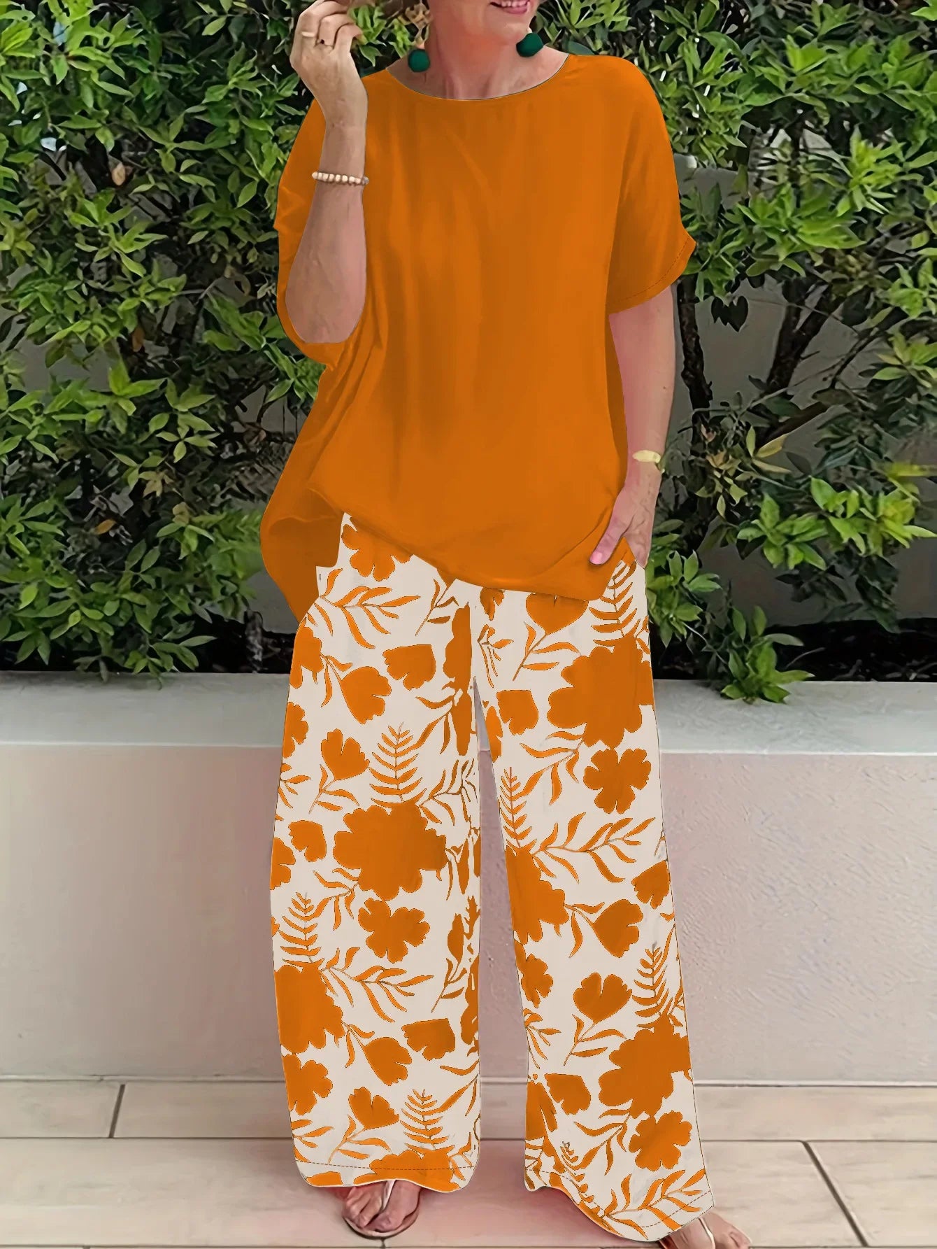 Wide Leg Pant Two Piece Set Women Fashion Short Sleeve Shirt and Pant