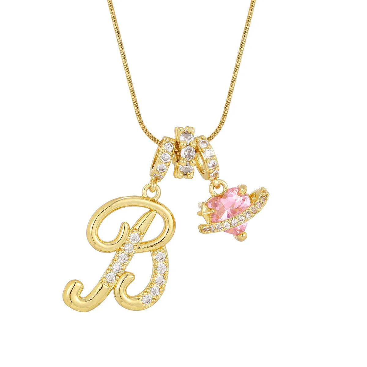 Fashion Letter Necklace for Women Pink Zircon Heart-shaped Pendant Suitable for Girls to Wear Personalized Gold-plated Jewelry