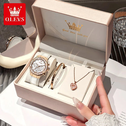 OLEVS 9978 Women Watch Original Quartz Watch Waterproof Leather Strap Multifunctional Chronograph Watch Bracelet Set Gifts Box