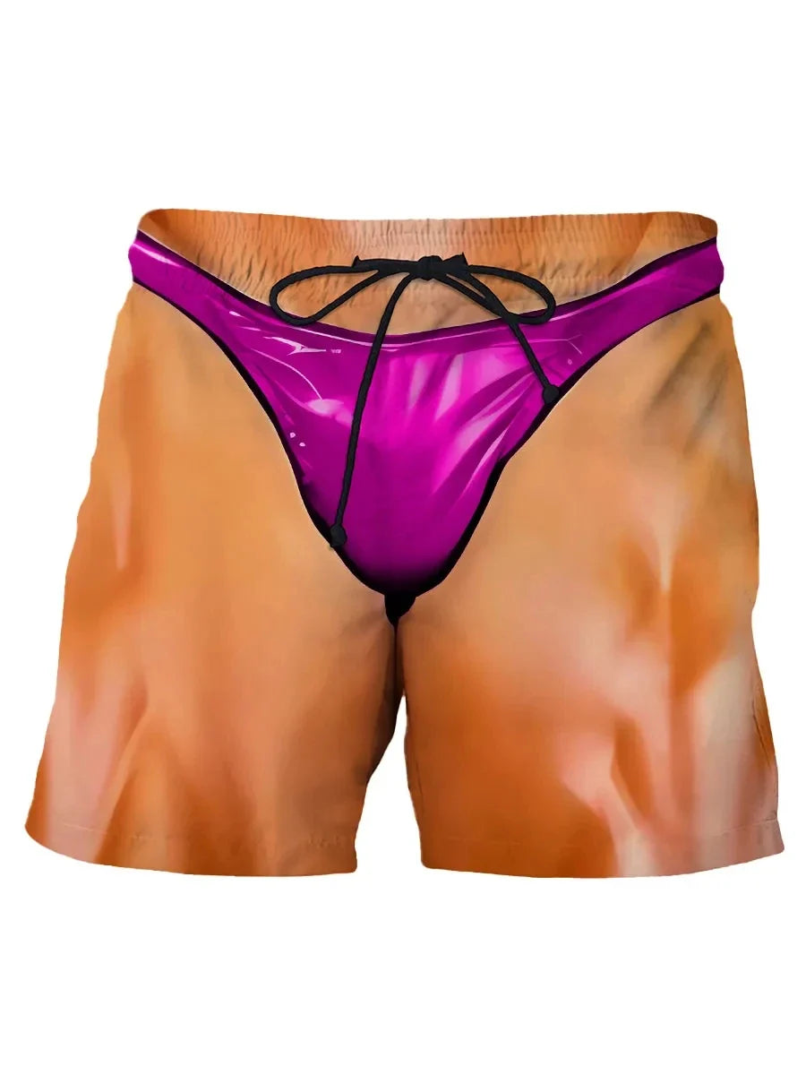Summer New Men's Board Shorts Swimming Pants Drawstring Funny Shorts Fake Shorts Underwear Printed Micro Elastic Shorts