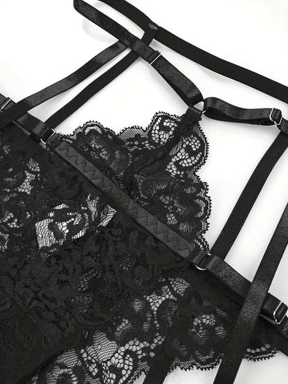 Hot Sexy Lingerie Female Bra Garter Panty Ultra-thin Semi See-through Full Lace Comfortable No-steel Ring Bras Thong Body Suit