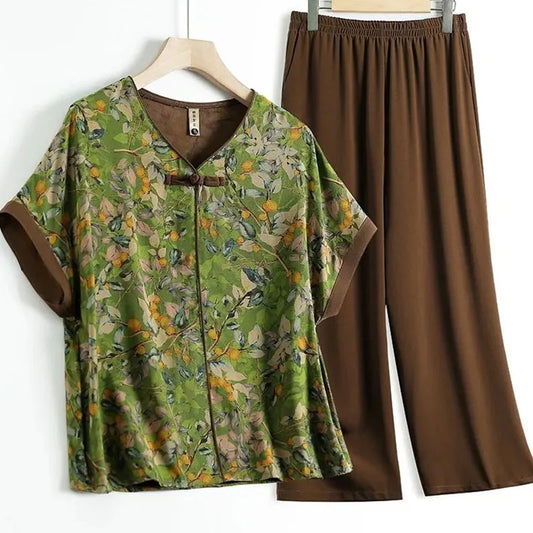 Korean Lady Short Sleeve Blouse Pant 2PCS Middle-aged Mom Large Size 5XL T-shirt Suit Summer Femme V Neck Trousers Two-piece Set