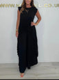 Summer Solid Casual Holiday Two Piece Sets Elegant Women Pleated Irregular O Neck Sleeveless Top + Wide-leg Pants Loose Outfits