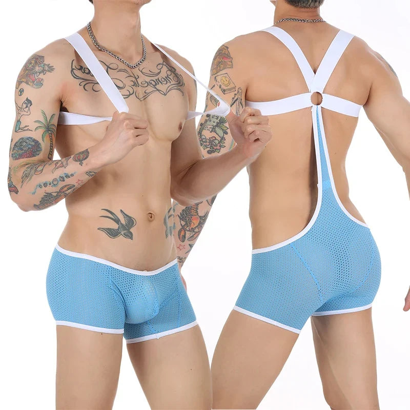CLEVER-MENMODE Men's Sexy Openwork Mesh Boxer Shorts Jumpsuit Elastic Strap Body Tights Lingerie Sissy Bondage Costume Adult 18+