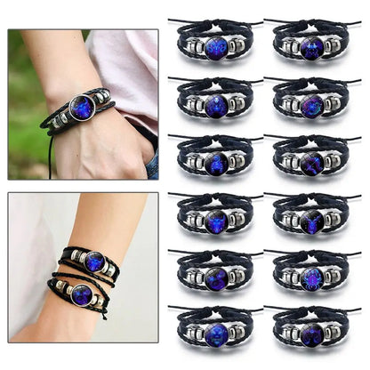 12 Constellation Gem Leather Bracelet Men Women Glass Bracelet