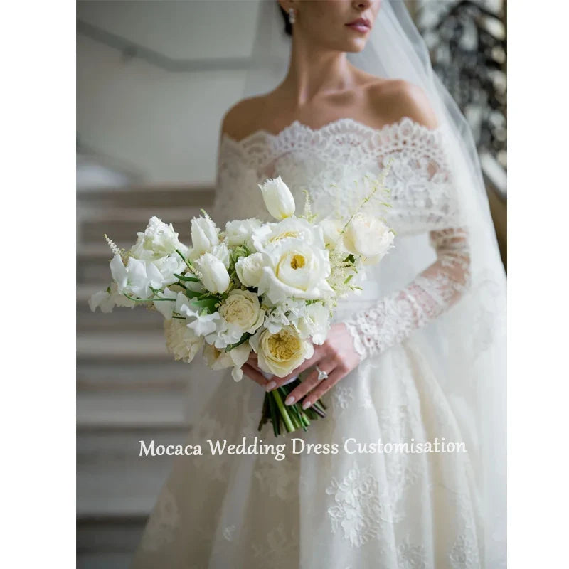 Mocaca Customized White Off the Shoulder Wedding Dresses Lace Long Sleeves Elegant Court Train Bridal Gowns A-Line Wedding Gowns
