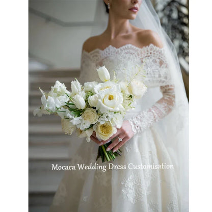Mocaca Customized White Off the Shoulder Wedding Dresses Lace Long Sleeves Elegant Court Train Bridal Gowns A-Line Wedding Gowns