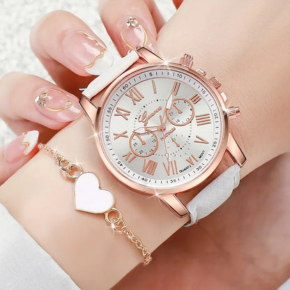 Ladies' Fashion Quartz Watch Set with Roman numerals and heart-shaped pendant bracelet,12pcs - Alloy case,