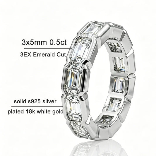 KNOBSPIN 3x5mm Emerald Cut Moissanite Eternity Band Ring D VVS1 Lab Created Diamond S925 Sterling Silver Wedding Rings for Women