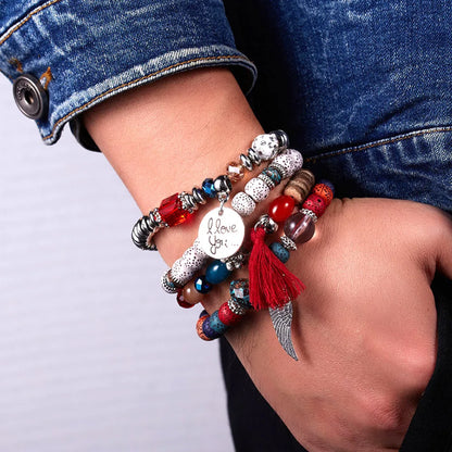 4Pcs/Set Fashion Crystal Stone Beads Chain Bracelet Set For Women I Love You Feather Tassel Charm Elastic Bangle Female Jewelry