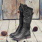 Women Knee High Boots Autumn Winter Lace Up Flat Shoes Sexy PU Leather Shoes Retro Buckle Women Shoes Fashion Black Knight Boots