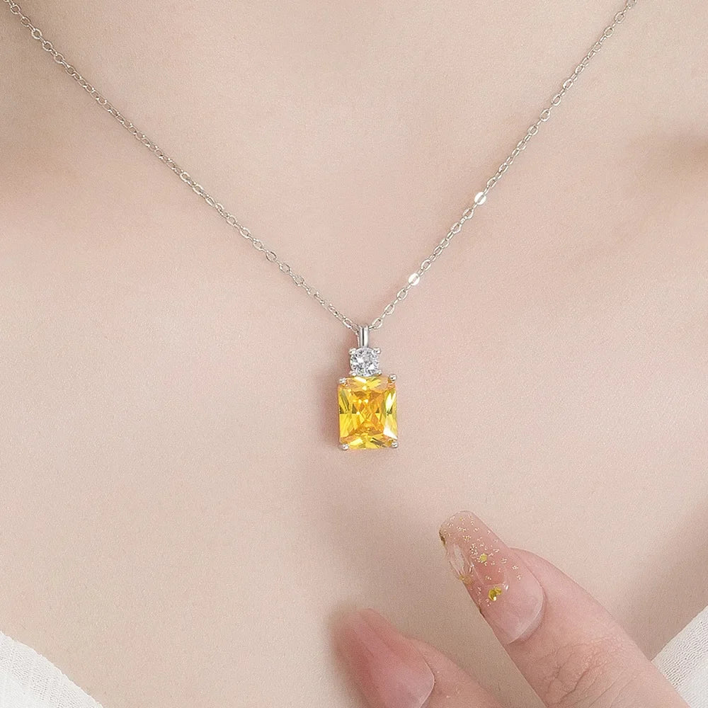 925 Silver Radiant Cut Yellow Crystal Pendant Necklace Women Sparkling Cubic Zircon Citrine Choker Chain Fine Jewelry