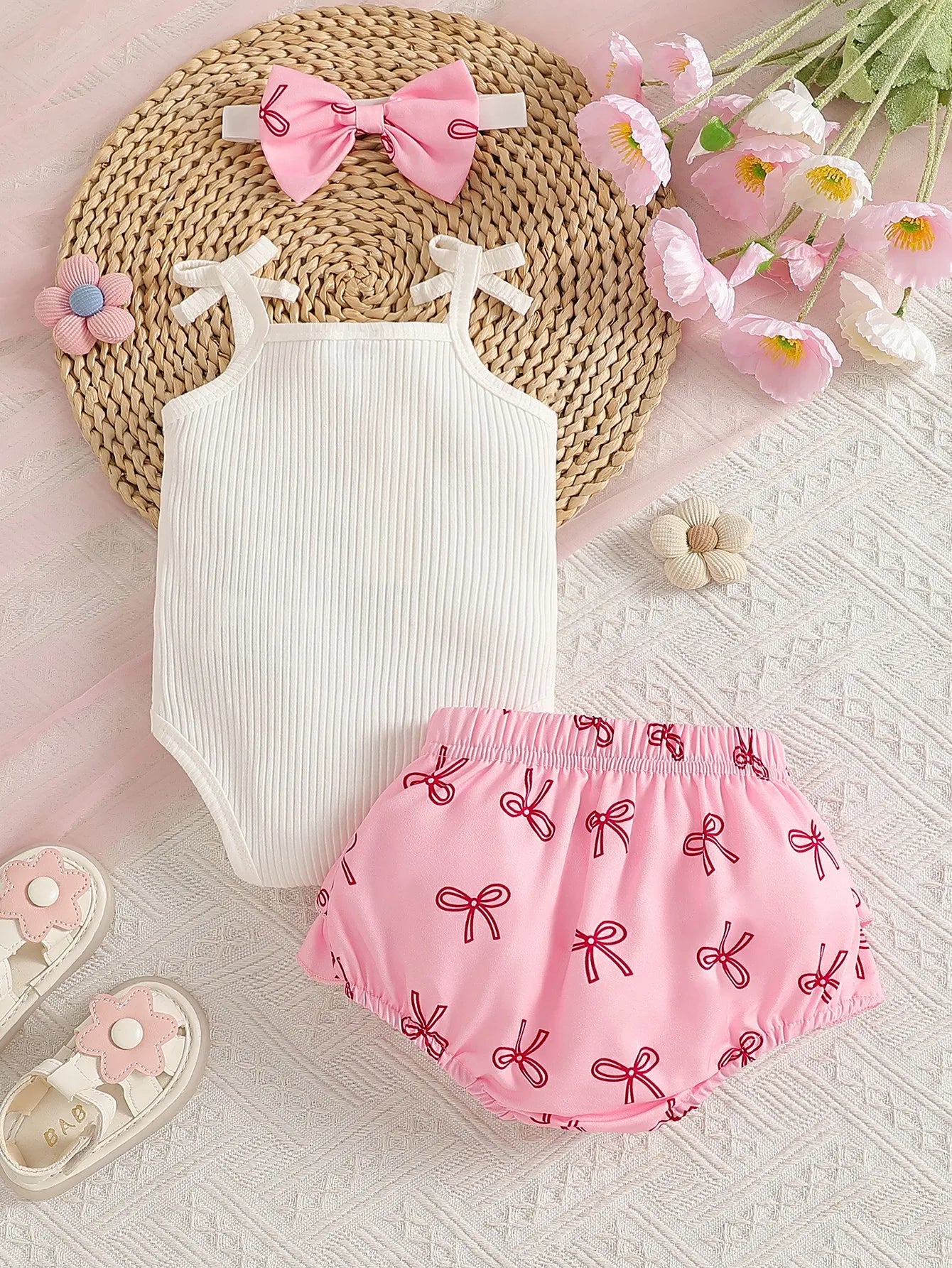 Baby girl summer cute bow decoration camisole printed bow ribbed white romper with white bow, color-contrast pink bow all-over p