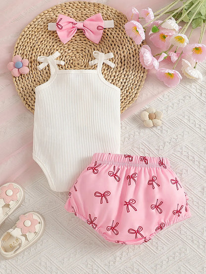 Baby girl summer cute bow decoration camisole printed bow ribbed white romper with white bow, color-contrast pink bow all-over p