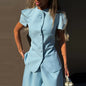 Casual Women's Waist Cinched Blazer Pants Set O-Neck Puff Sleeve