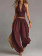 Summer Women Fold Waist 2PCS Boho Outfit Halter Neck Crop Top+Wide Leg Pants Set Casual Summer Beach Linen Matching Sets
