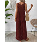 Spring Summer Fashion Solid Two Piece Sets 2024 Women Casual Loose Hollow Lace Sleeveless Top Wide Leg Pants Two Piece Set Woman