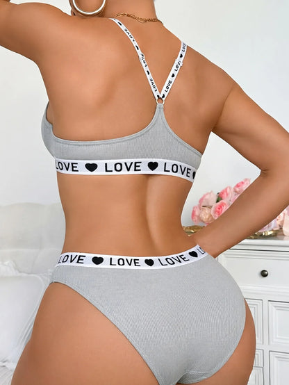 New Ribbed Women's Underwear Set Letter Strap Underwear Front-Clasp Push-Up Bra Comfy Daily Female Bra Set