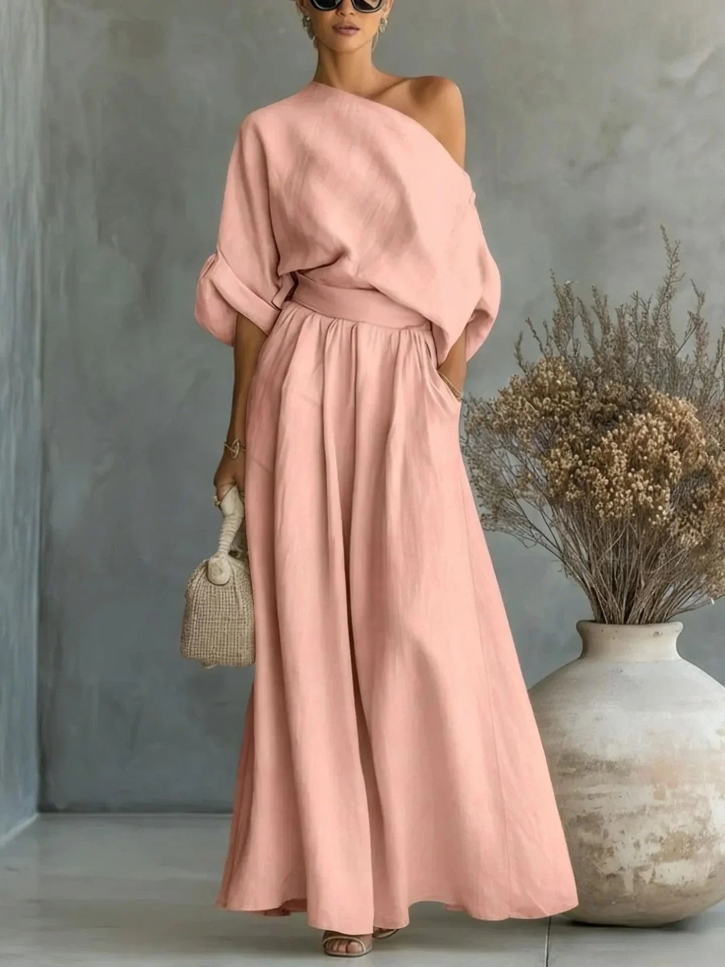 Elegant Two-Piece Short Sleeve Top & Casual Pants Set Woman Sexy Slash