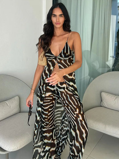 Beach Print Top Pants Women Set Sexy Sling V-Neck Long Blouse Wide Leg