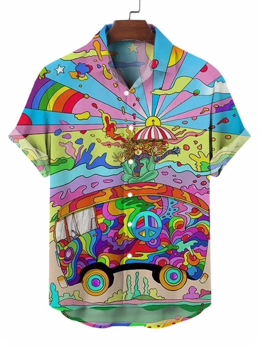 Men's street fashion summer daily shirt men's lapel Hawaiian bear gummie print casual loose shirt short sleeved beach loose top