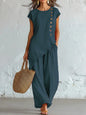 Women 2 Piece Set Elastic Waist Pocket Button Decorate Wide Leg