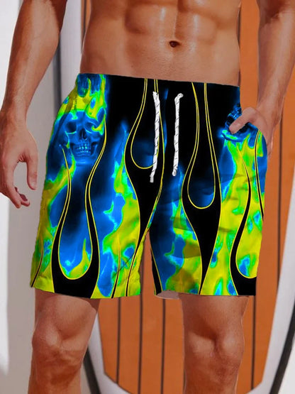 New Men's Summer Shorts Loose Luxury Shorts 3D Printed Casual Green Flame Printed Harajuku Shorts Hawaiian Beach Shorts