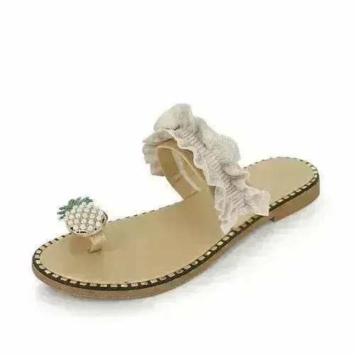 Pineapple Pearl Beach Slides Flat Toe Casual Womens Slippers