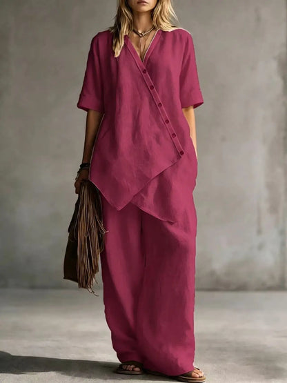 Women's Fashion Casual Solid Color V-Neck Loose Short Sleeve Top and