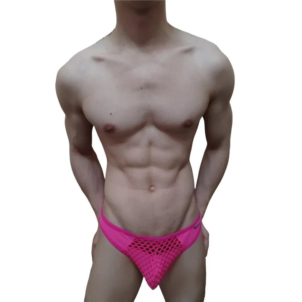 Mens Slip Bikini Jockstrap Briefs Mens Panties Sexy Fishnets Hole Transparent Mesh Ice Silk Men Underwear Sissy Men Underpants