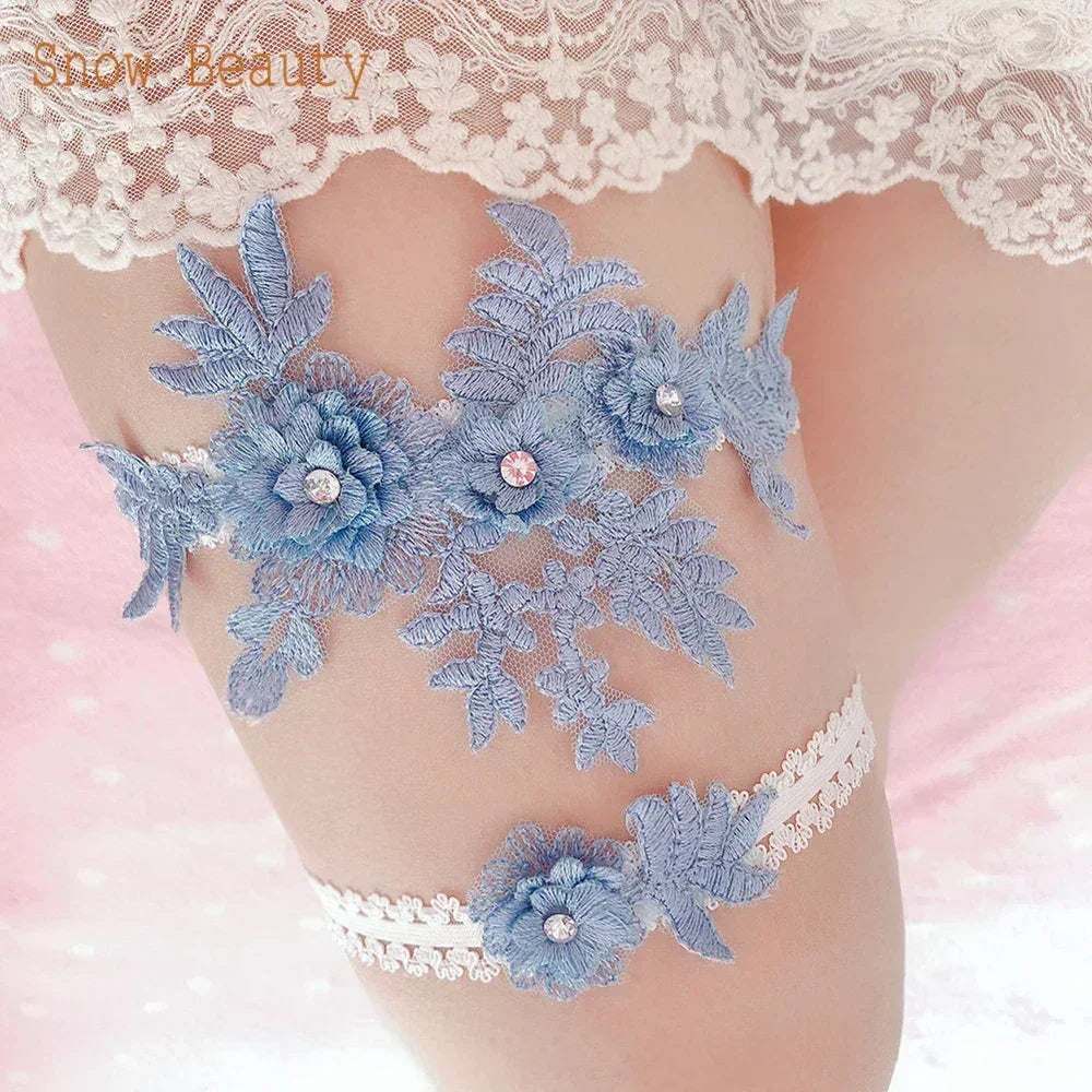 K03 2 PCS Sexy Lace Flower Crystal  Pearls Wedding Garter Belt Thigh Ring Bridal Leg Garter Stocking Garter Belt Girl Women