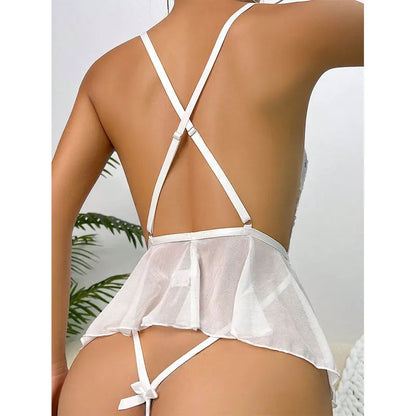 Sensual Lace Hollow Bodysuit  Sexy Crotchless Lingerie Thong Women Erotic Pajamas Teddy Babydoll Dress Deep V Open Bra Porn Set